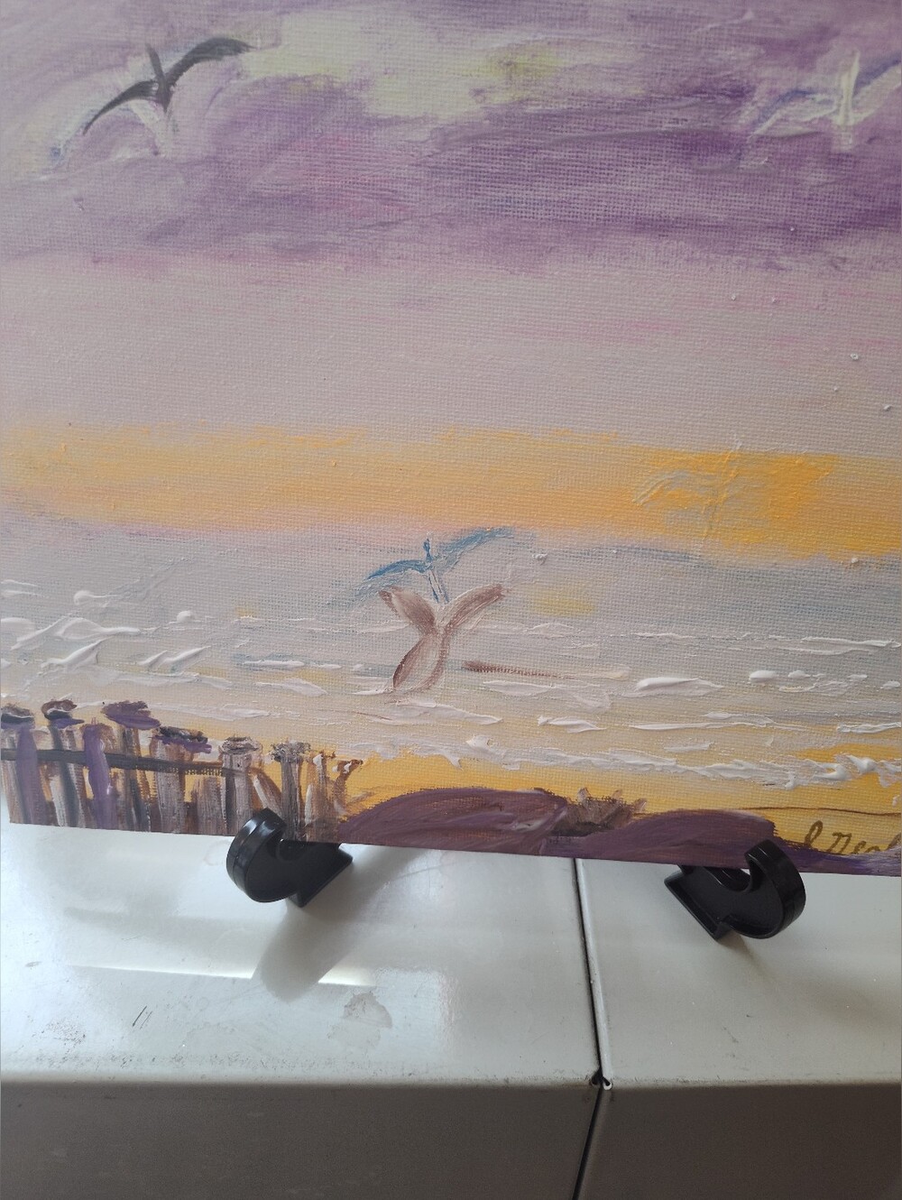 Signed Orange Beach Alabama Sunset Gulls Art (Peach & Lavender) Easel Included